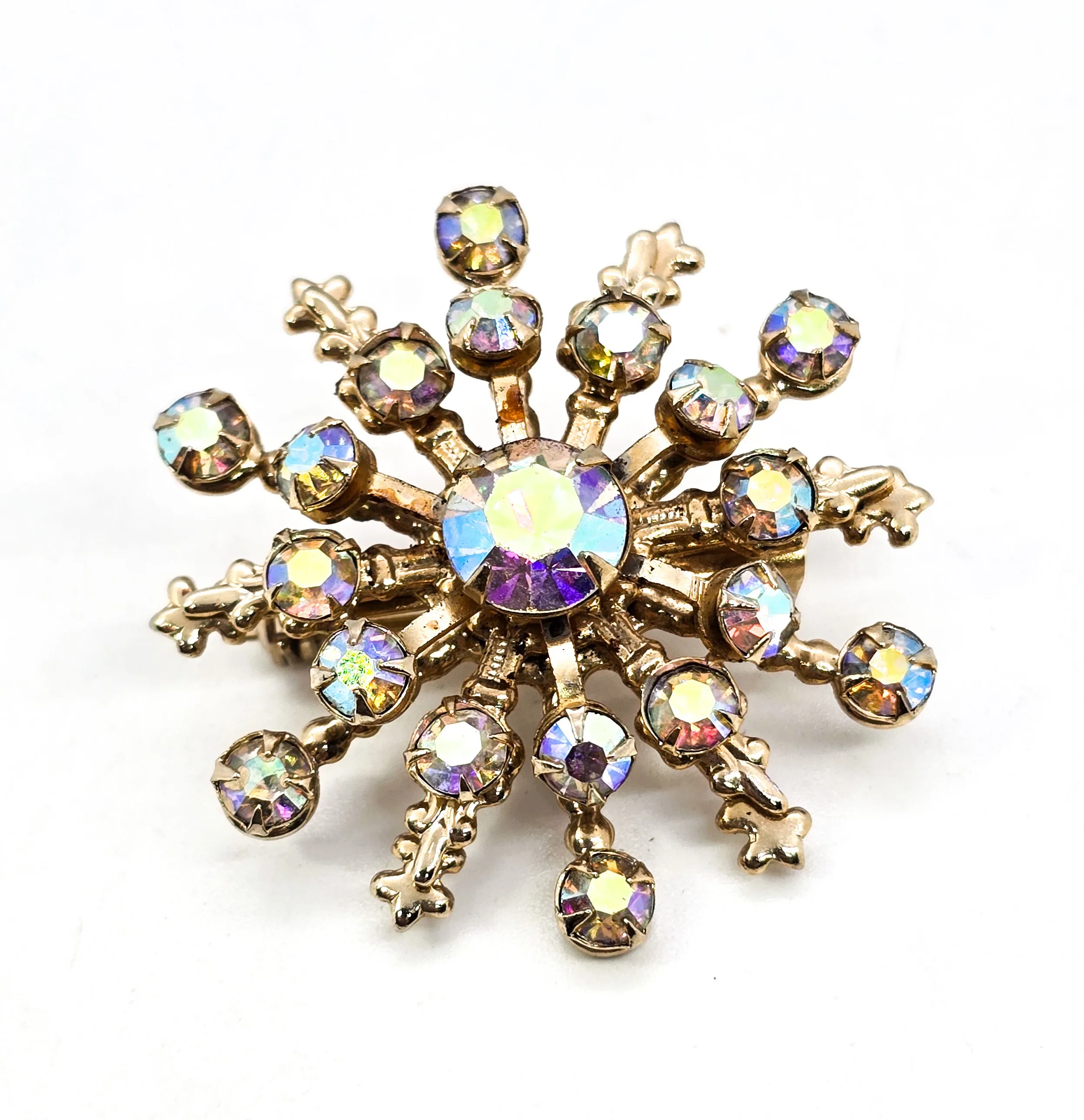 Aurora Borealis AB rainbow rhinestone gold vintage mid century snowflake brooch pin