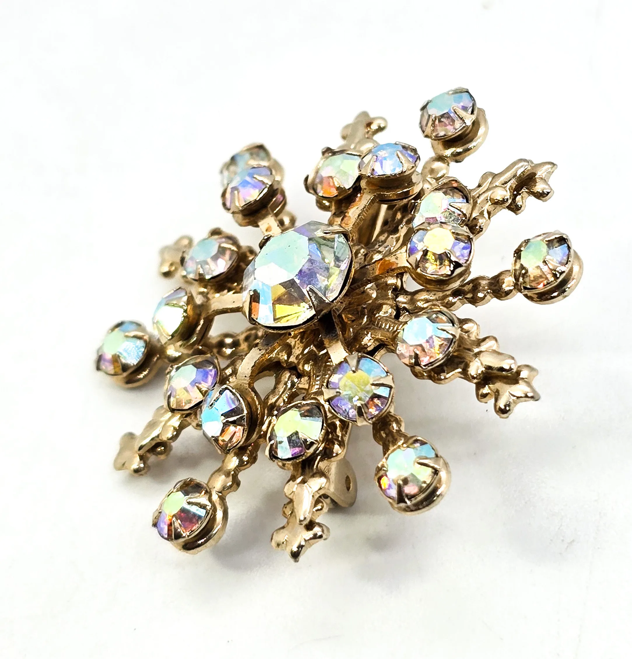 Aurora Borealis AB rainbow rhinestone gold vintage mid century snowflake brooch pin