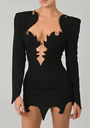 Avant-Garde Cutout Deep V Long-Sleeve Bodycon Mini Dress for Bold Fashion Statements