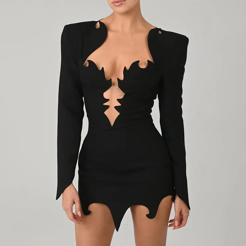 Avant-Garde Cutout Deep V Long-Sleeve Bodycon Mini Dress for Bold Fashion Statements