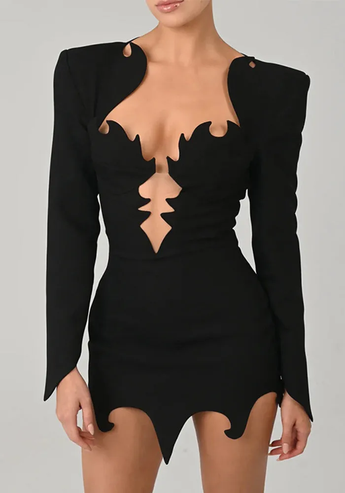 Avant-Garde Cutout Deep V Long-Sleeve Bodycon Mini Dress for Bold Fashion Statements