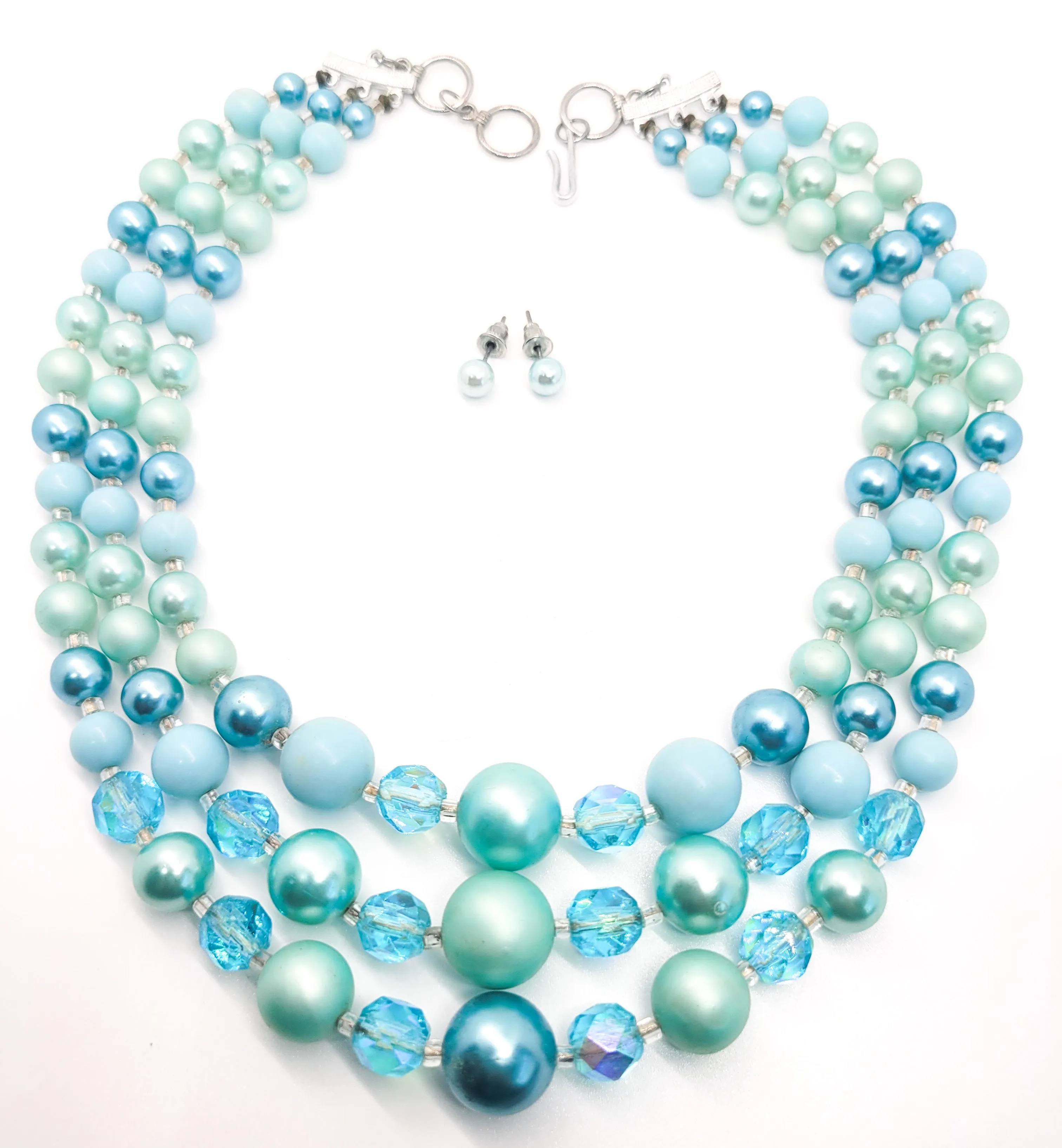 Baby blue and Austrian crystal beaded 3 stand vintage necklace and stud earrings