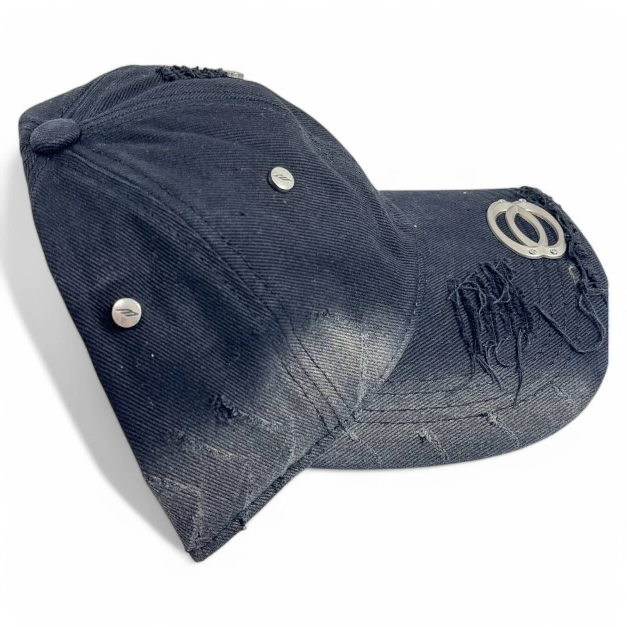 Balenciaga Black Distressed Denim Cap with Metal Ring Detail