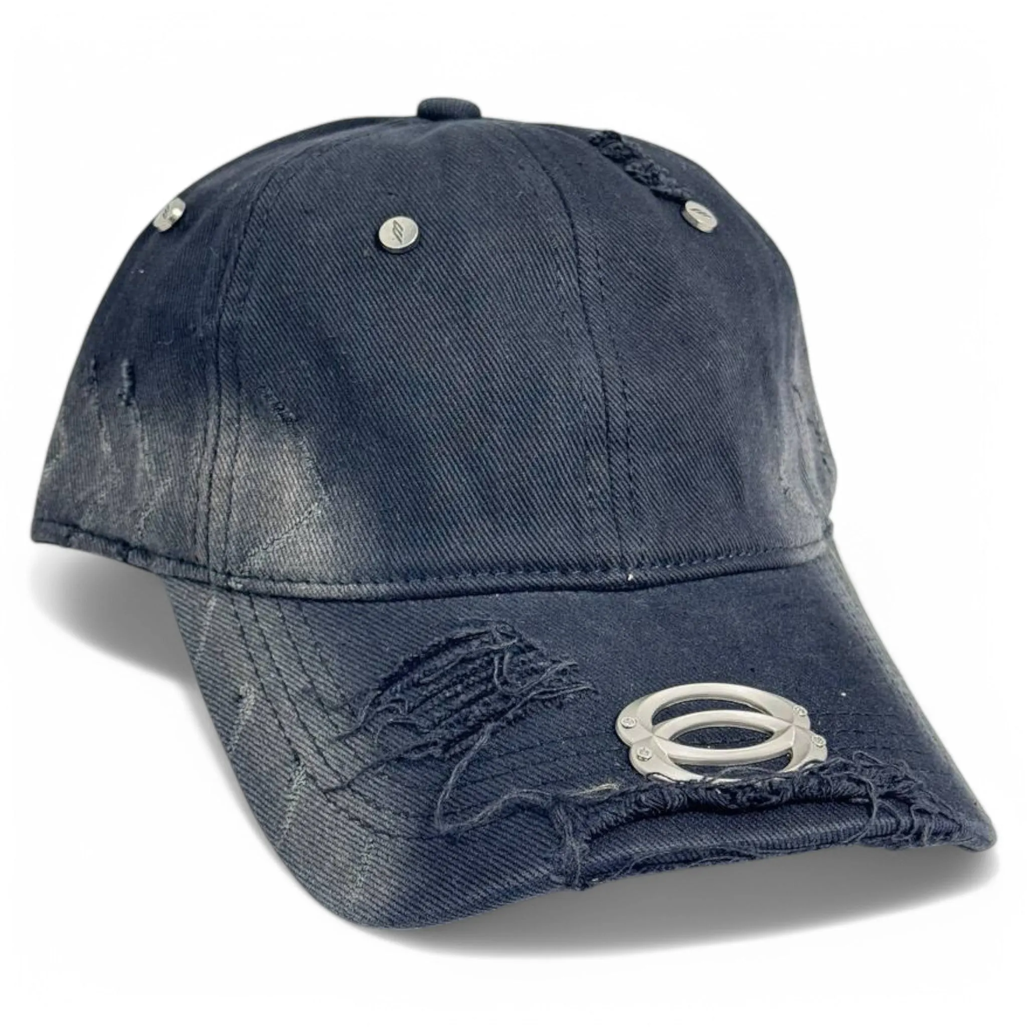 Balenciaga Black Distressed Denim Cap with Metal Ring Detail