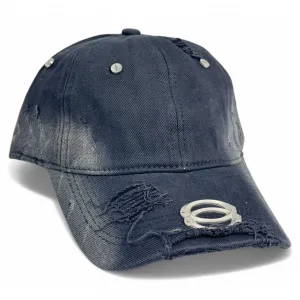 Balenciaga Black Distressed Denim Cap with Metal Ring Detail