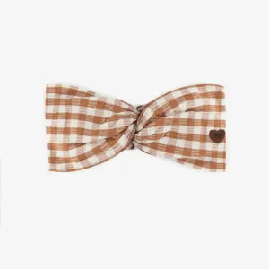 Bandeau à carreaux crème et brun en seersucker, enfant || Cream and brown plaid headband in seersucker, child