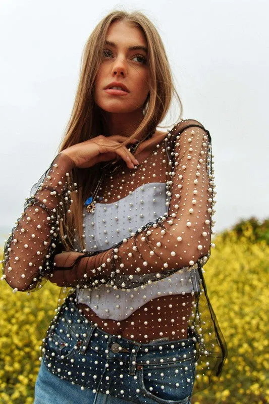 Best seller! Bead and Pearl Embellished Long Sleeves Mesh Top
