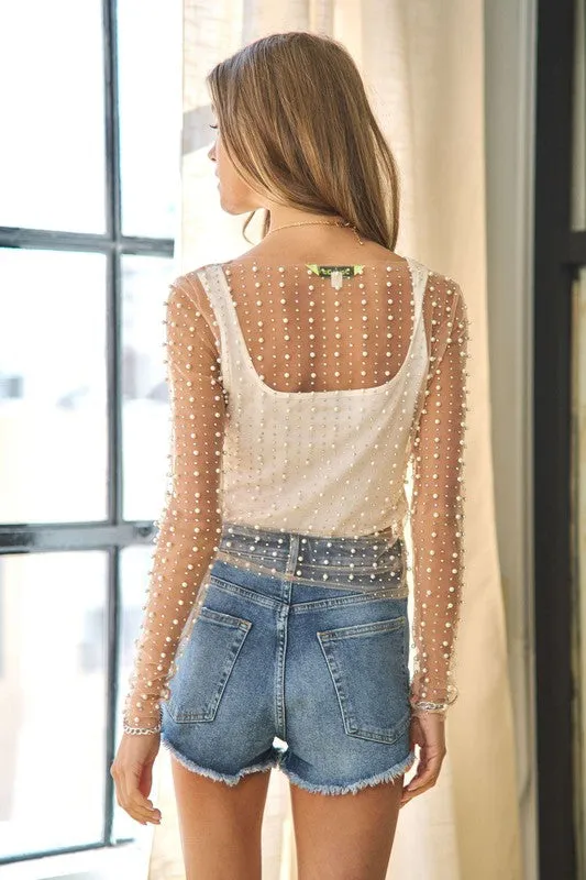 Best seller! Bead and Pearl Embellished Long Sleeves Mesh Top