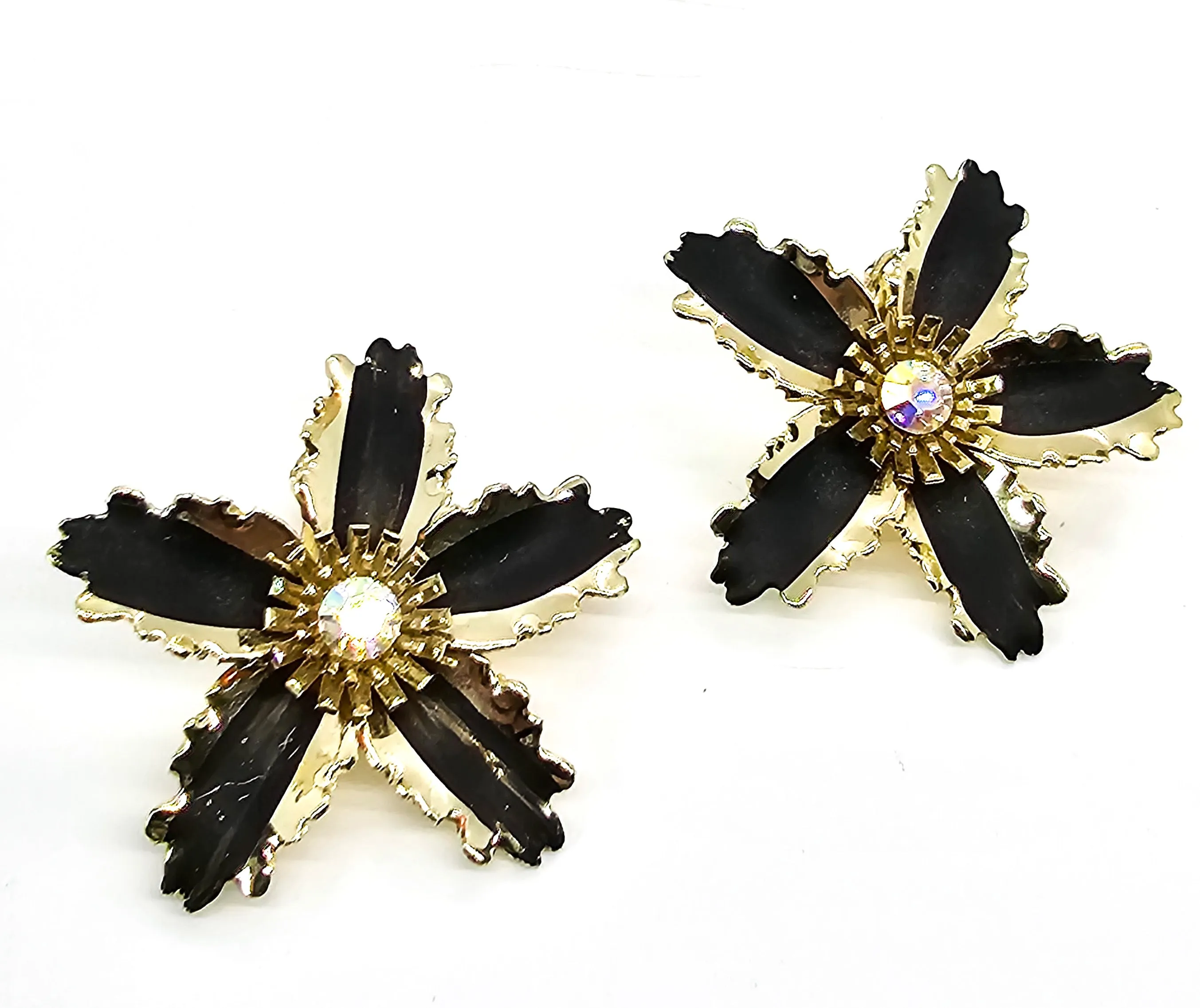 Black & gold rhinestone vintage mid century tin flower earrings and brooch set