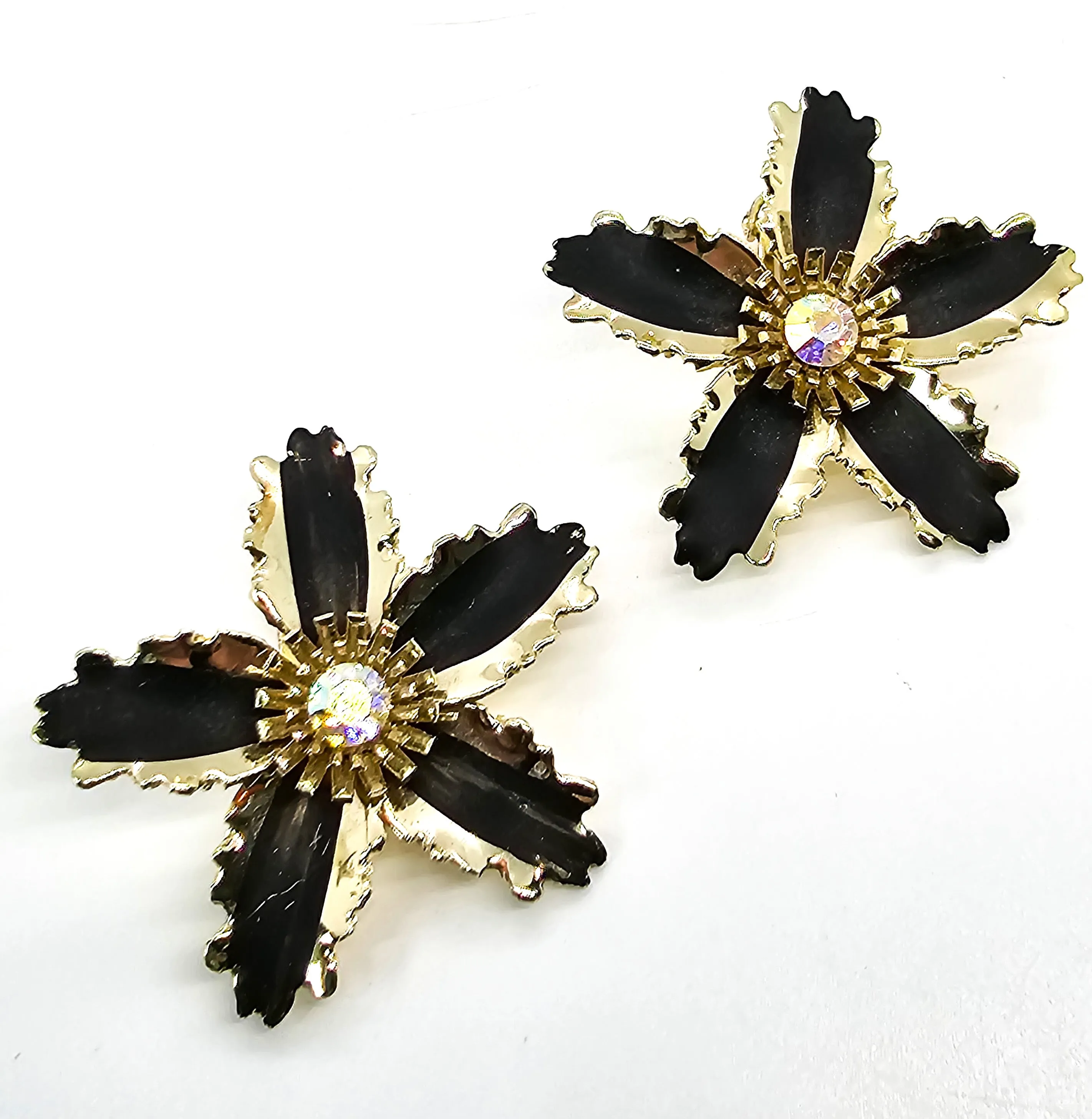 Black & gold rhinestone vintage mid century tin flower earrings and brooch set