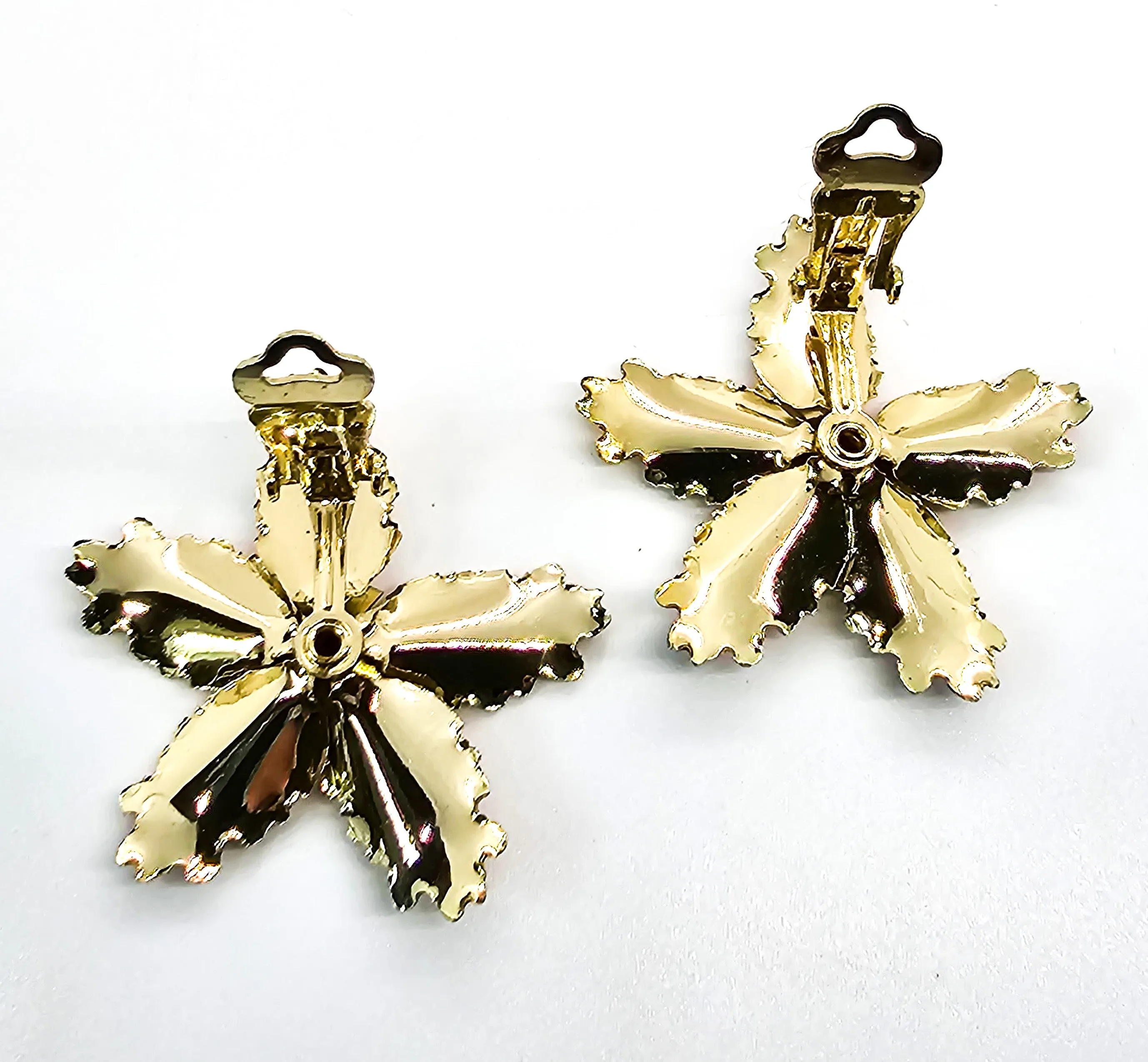 Black & gold rhinestone vintage mid century tin flower earrings and brooch set