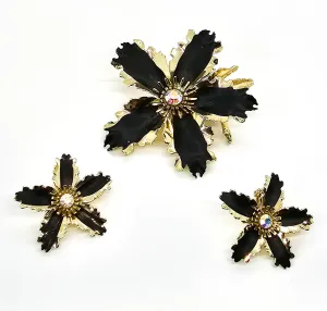Black & gold rhinestone vintage mid century tin flower earrings and brooch set