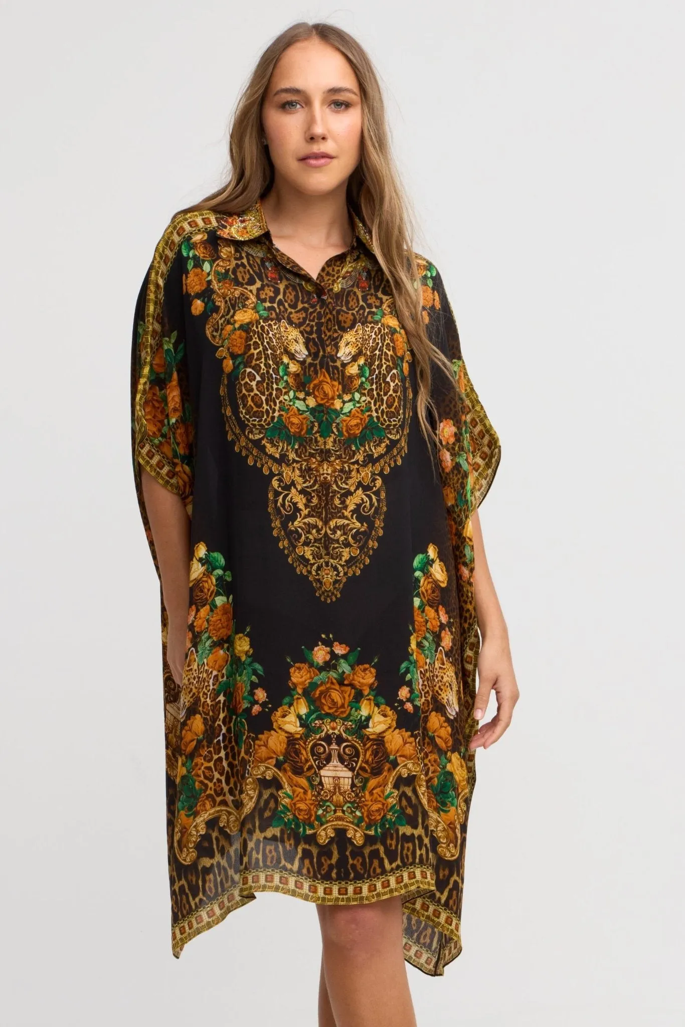 Black Leopardess Midi Collar Kaftan