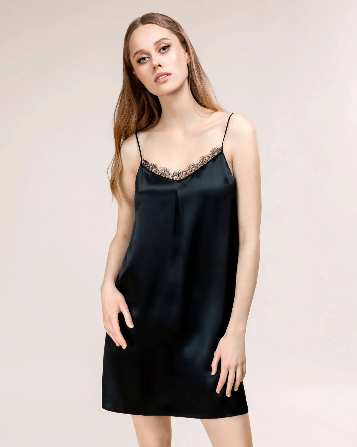 Black Silk Slip - Nightdress With Lace