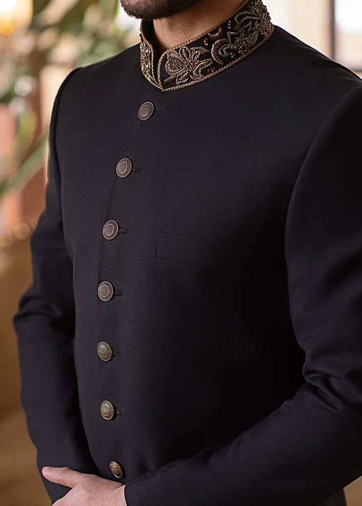 Black Tropical Pakistani Groom Wear Luxury Sherwani with Shawl