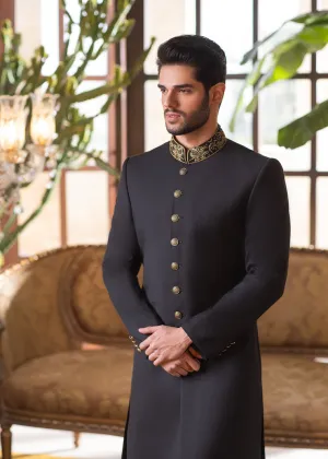 Black Tropical Pakistani Groom Wear Luxury Sherwani with Shawl