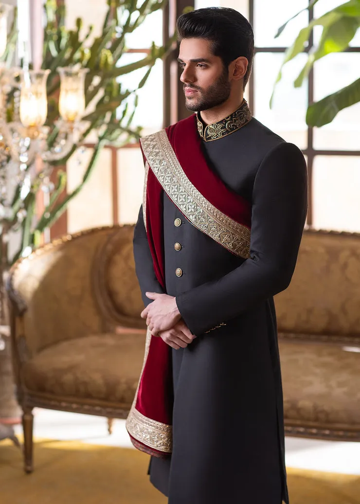 Black Tropical Pakistani Groom Wear Luxury Sherwani with Shawl