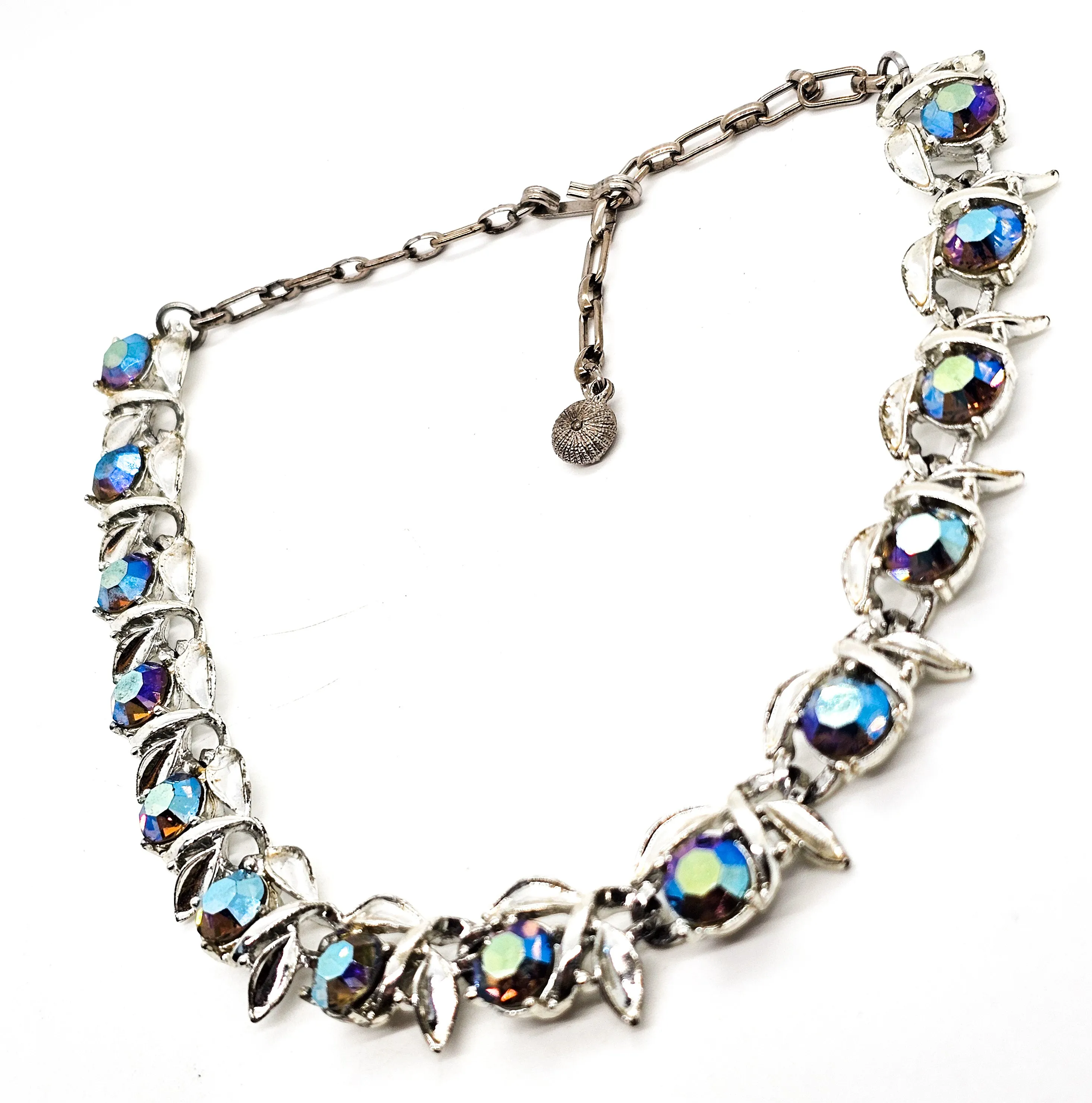 Blue Aurora Borealis silver toned flower vintage mid century pin up necklace