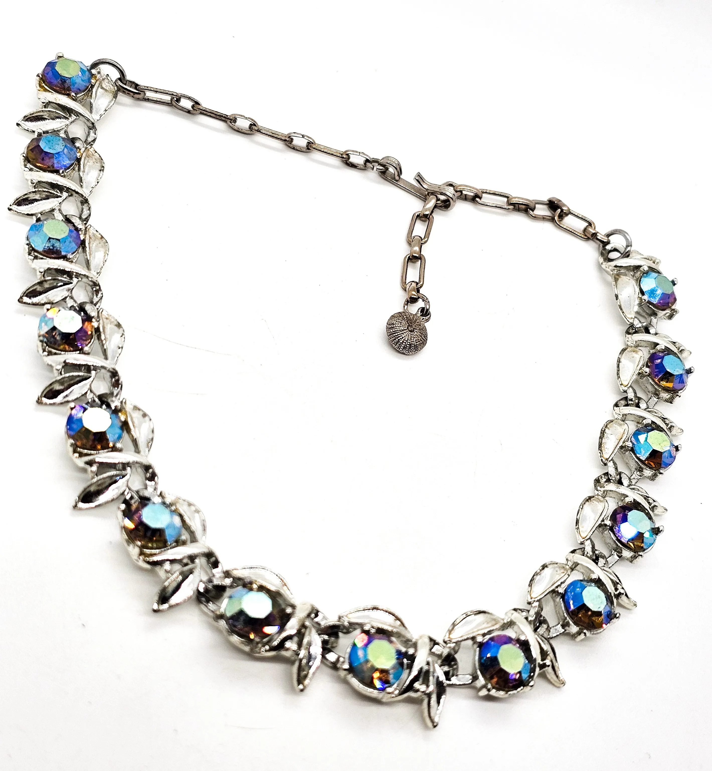 Blue Aurora Borealis silver toned flower vintage mid century pin up necklace