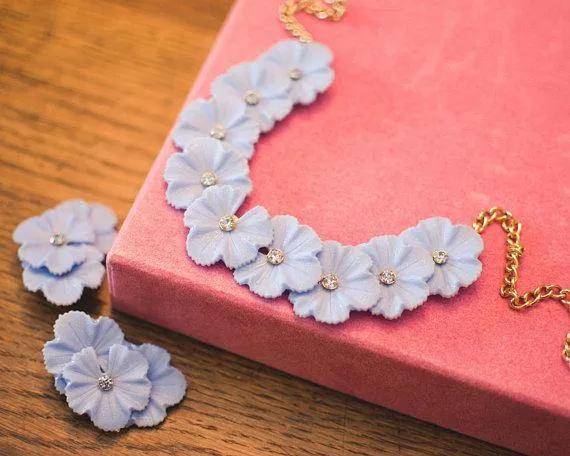 Blue Lucite Flower Clip On Earrings with Pale Blue Rhinestone