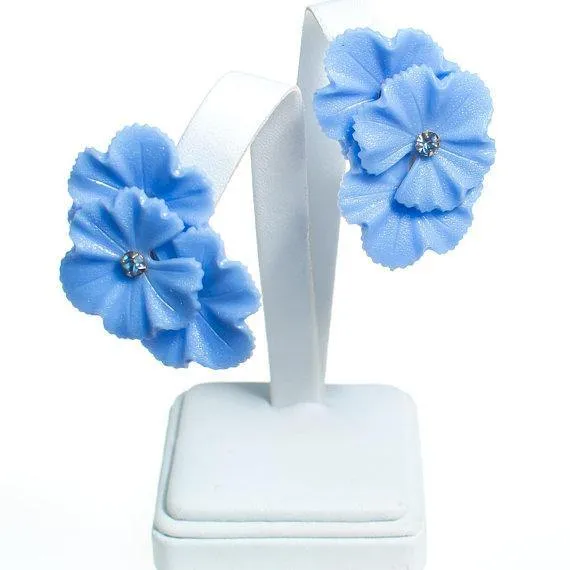 Blue Lucite Flower Clip On Earrings with Pale Blue Rhinestone