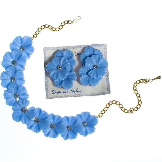 Blue Lucite Flower Clip On Earrings with Pale Blue Rhinestone