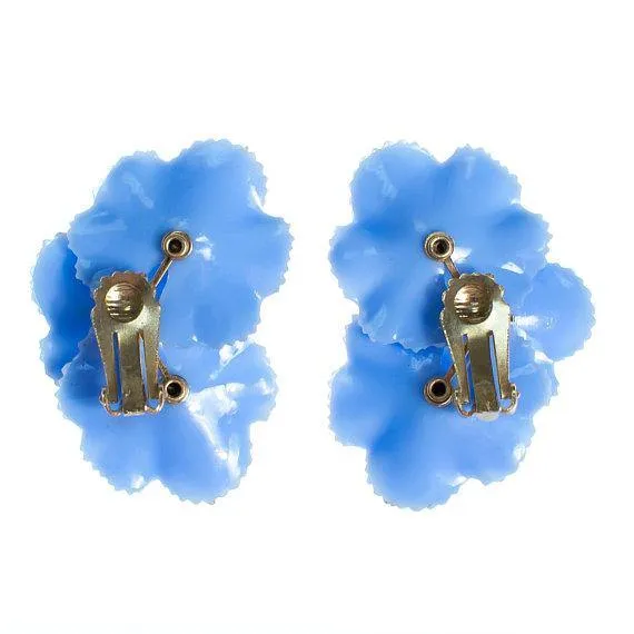 Blue Lucite Flower Clip On Earrings with Pale Blue Rhinestone