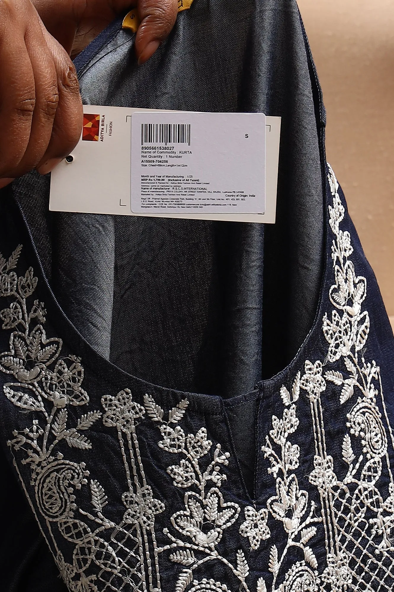 Blue Relaxed Fit Embroidered Yoke A-line Denim Kurta