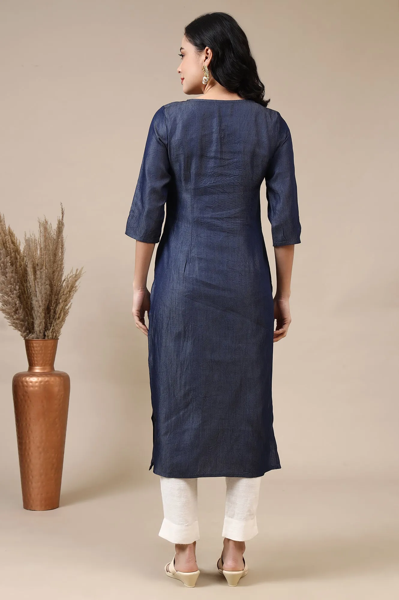 Blue Relaxed Fit Embroidered Yoke A-line Denim Kurta
