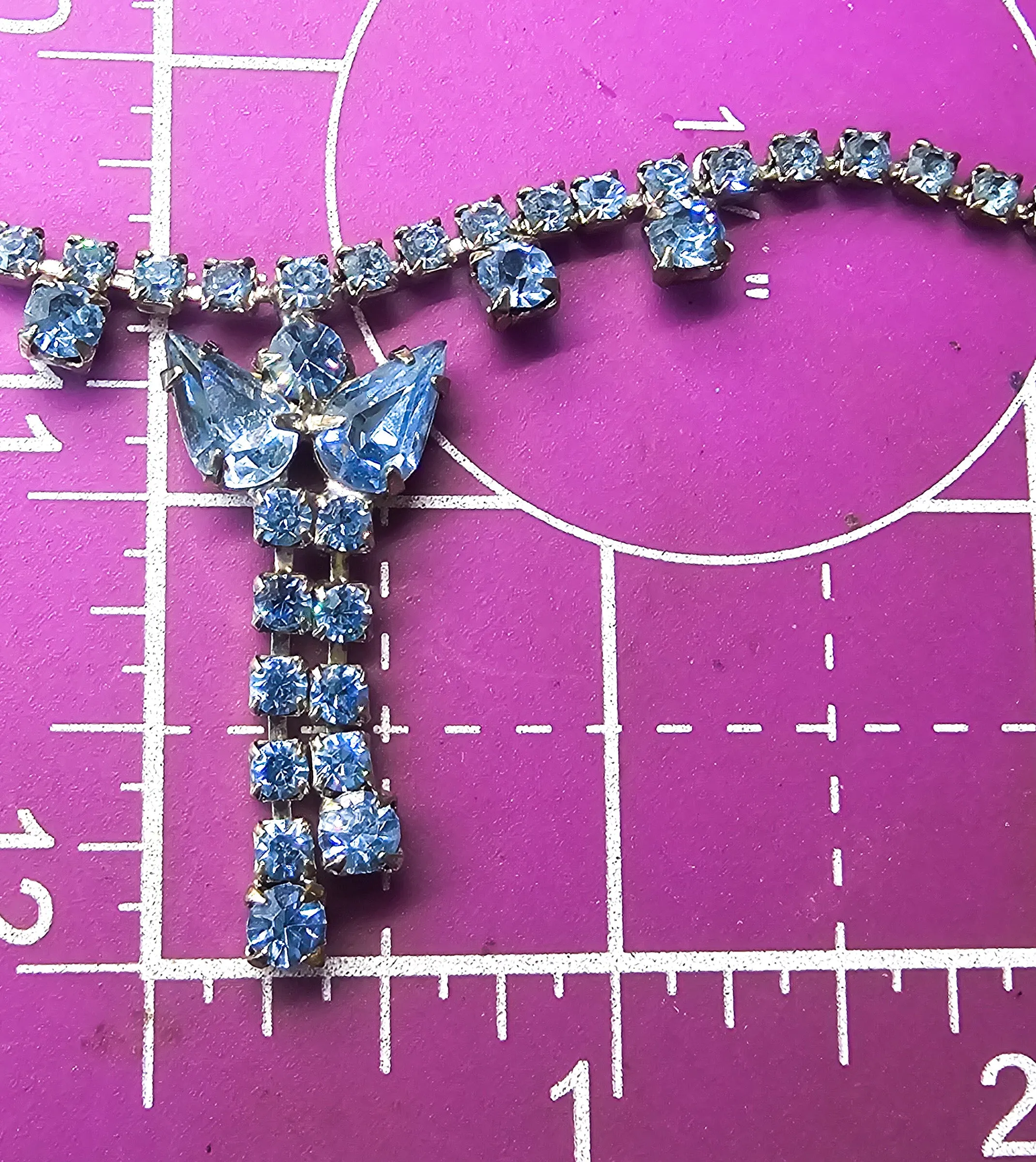Blue tassel bow vintage rhinestone mid century necklace