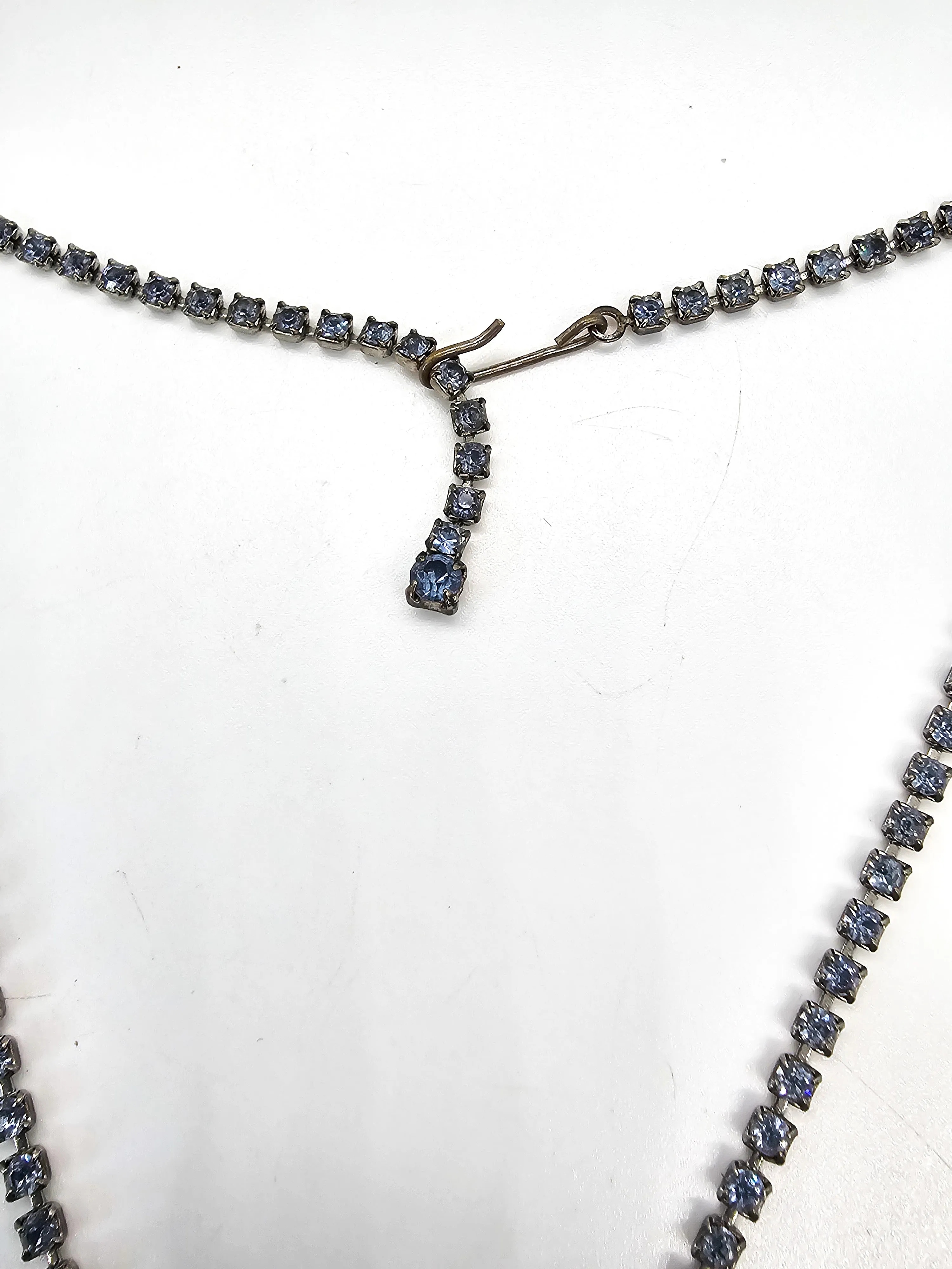 Blue tassel bow vintage rhinestone mid century necklace