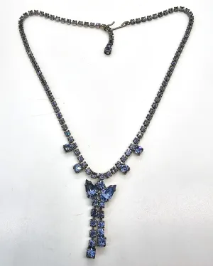 Blue tassel bow vintage rhinestone mid century necklace