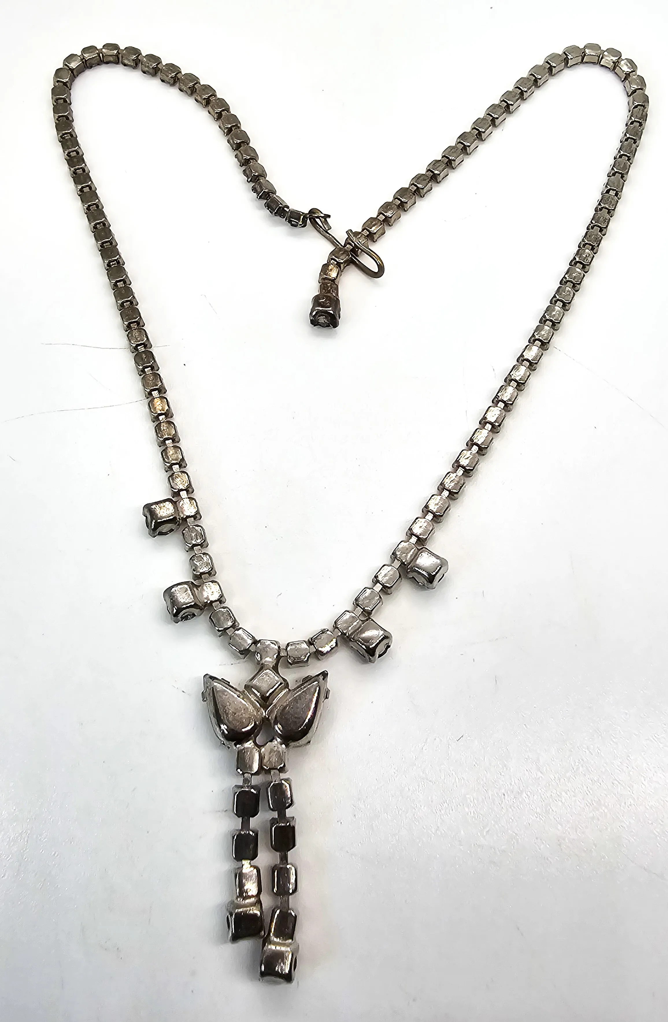 Blue tassel bow vintage rhinestone mid century necklace