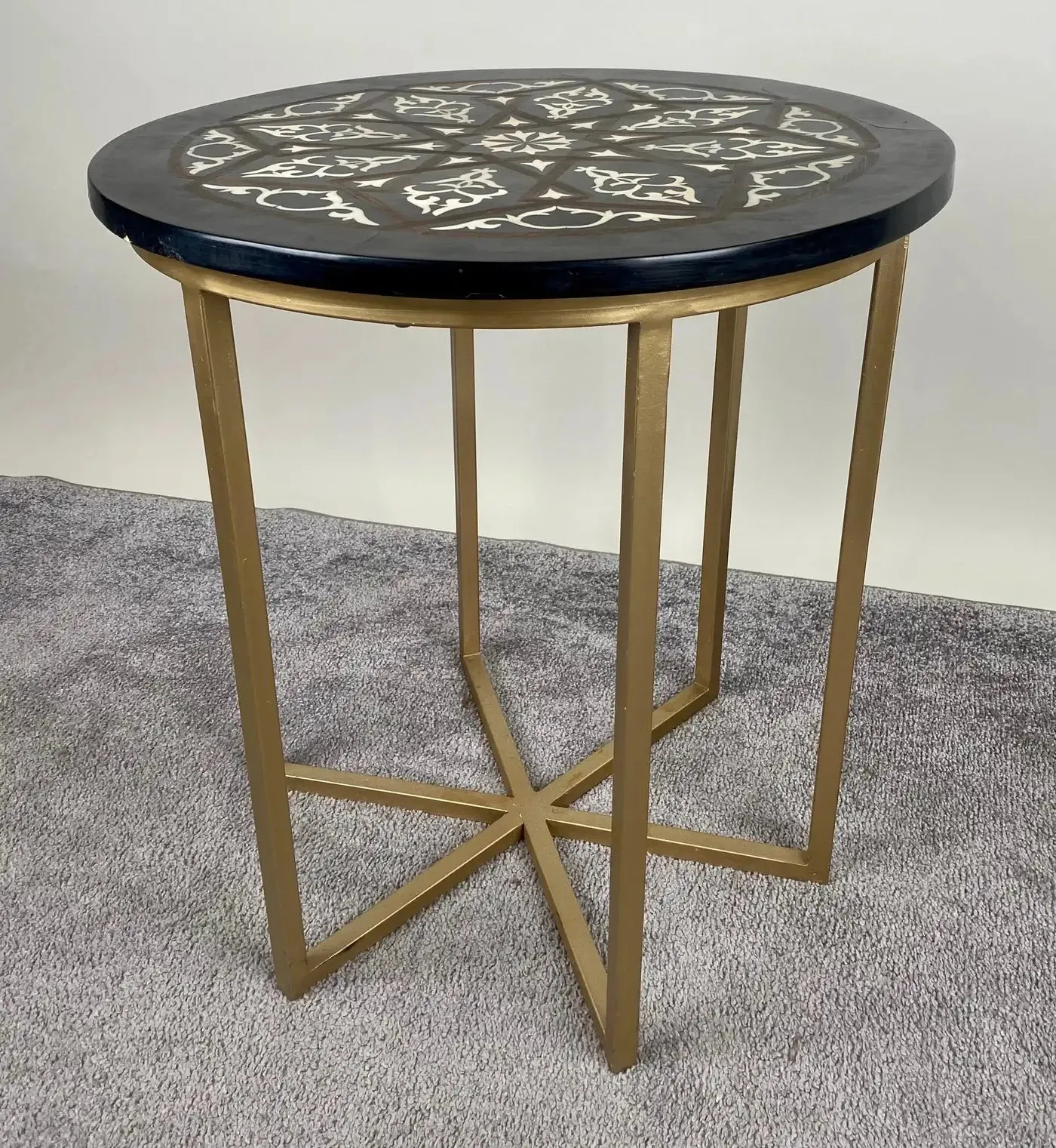 Boho Chic Moorish Design Round Side / End Table with Black Resin Top & Brass