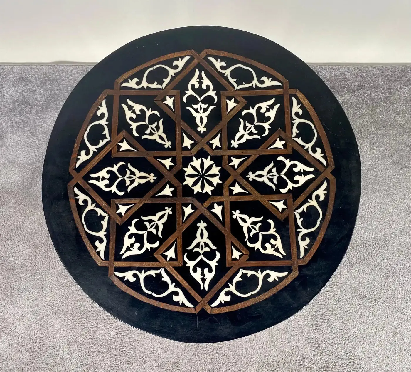 Boho Chic Moorish Design Round Side / End Table with Black Resin Top & Brass