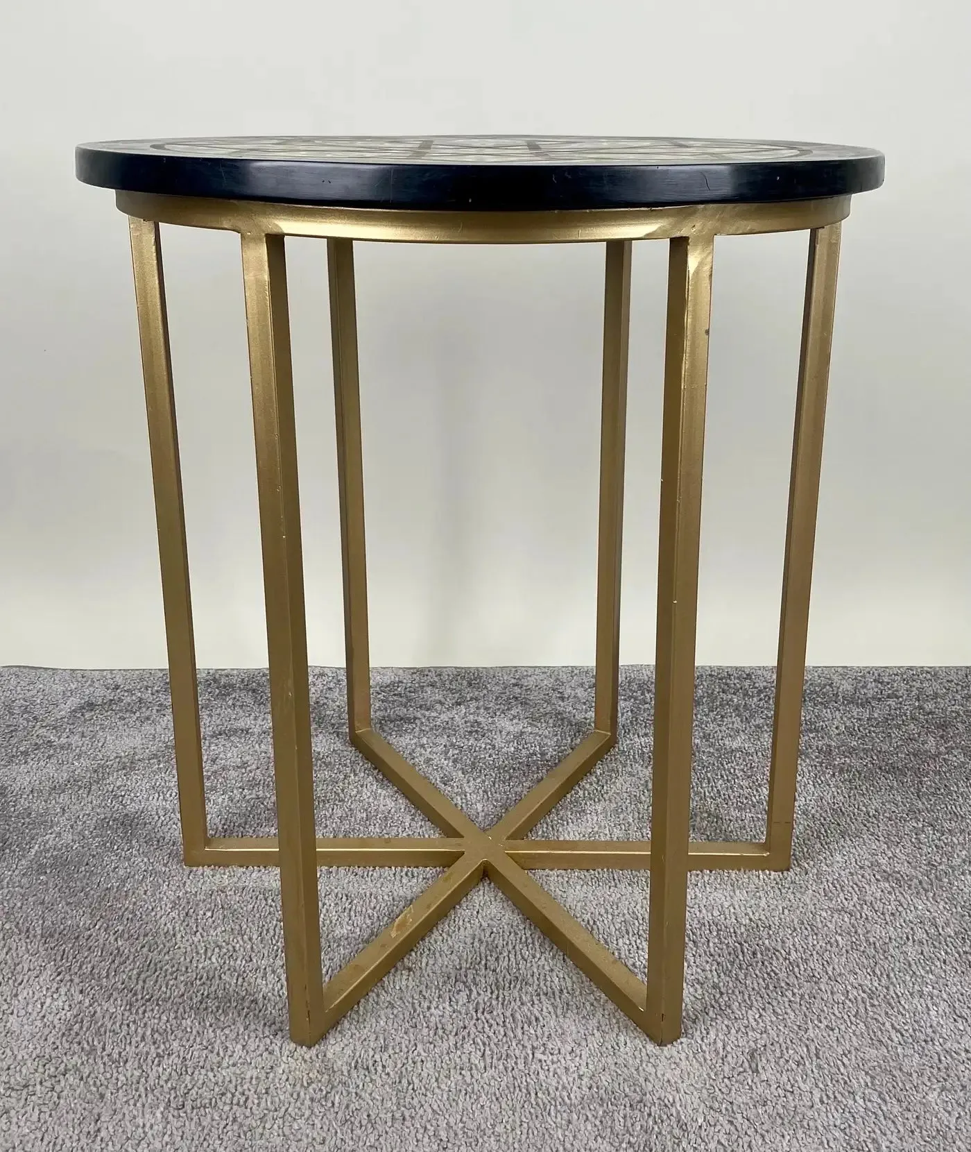 Boho Chic Moorish Design Round Side / End Table with Black Resin Top & Brass
