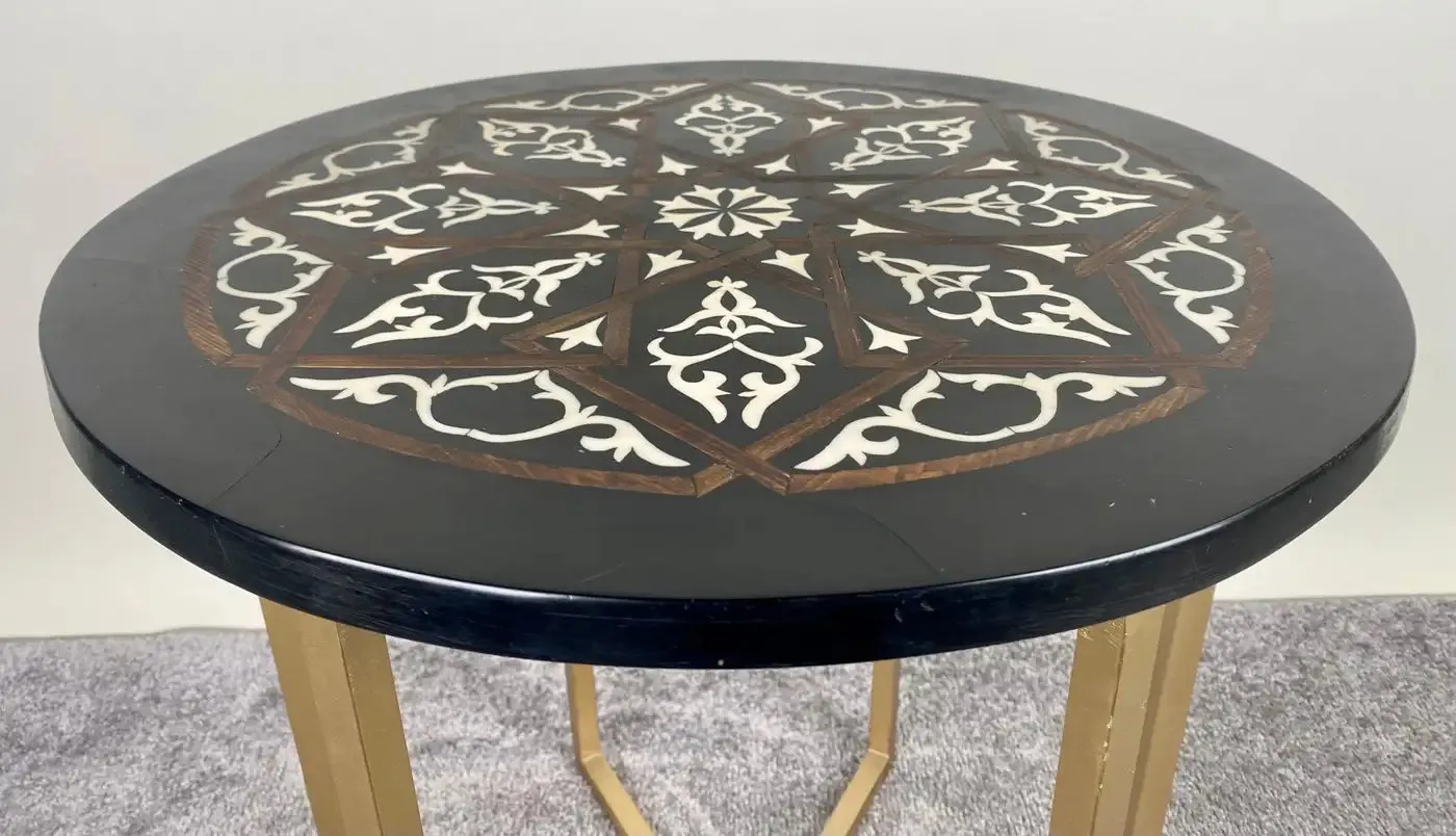 Boho Chic Moorish Design Round Side / End Table with Black Resin Top & Brass