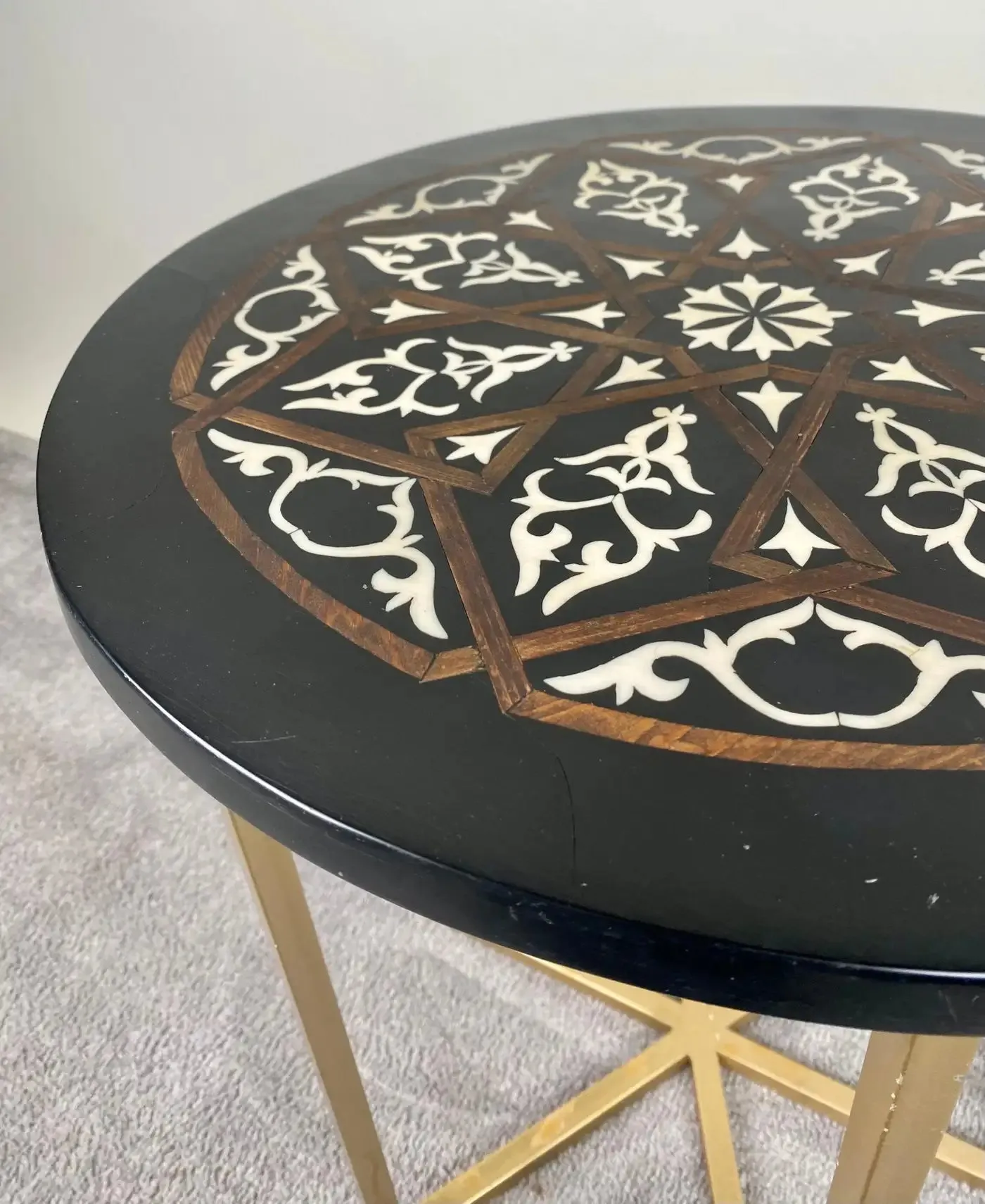 Boho Chic Moorish Design Round Side / End Table with Black Resin Top & Brass