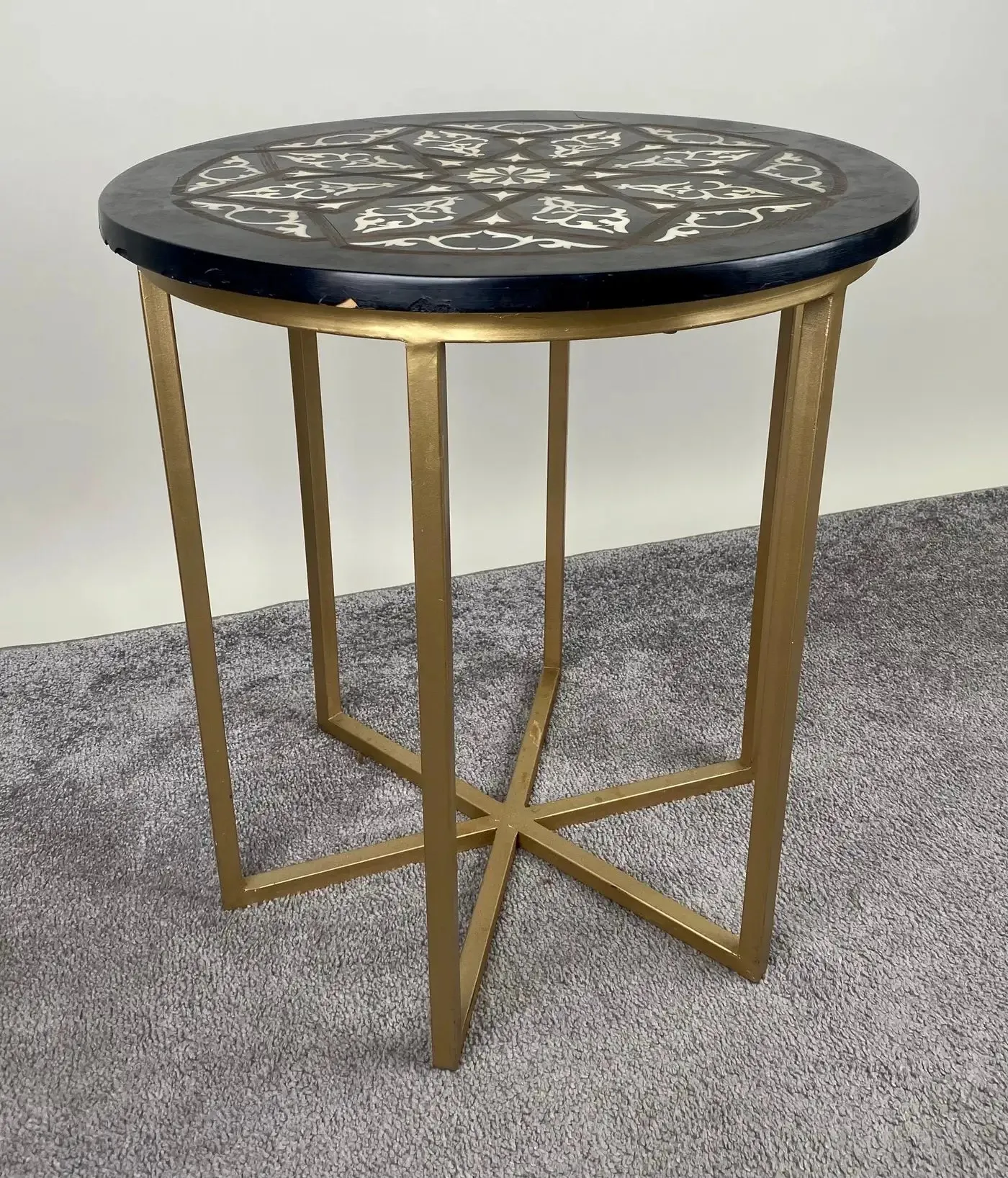 Boho Chic Moorish Design Round Side / End Table with Black Resin Top & Brass