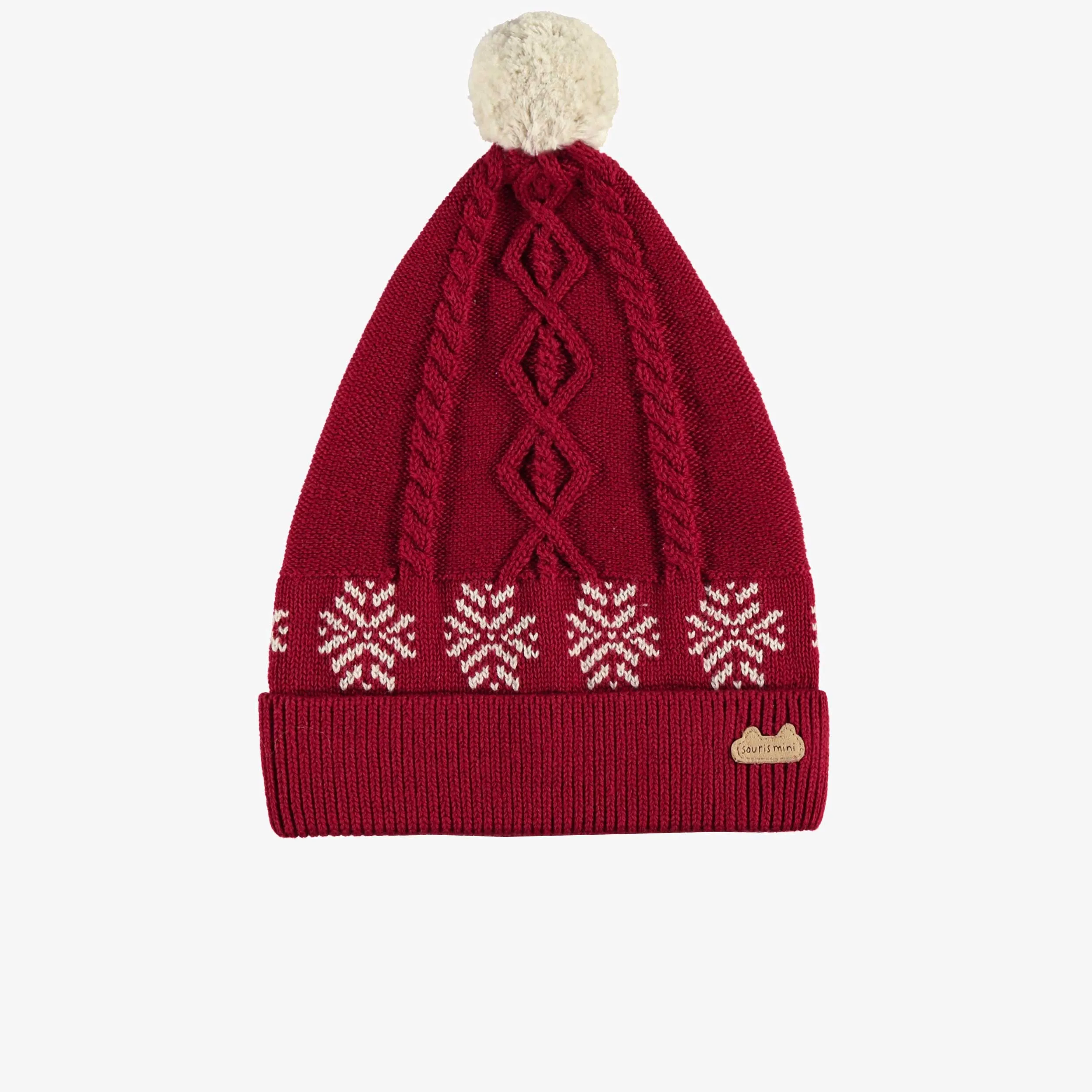 Bonnet rouge en tricot torsadé avec pompon, naissance || Red hat in twisted knit with pompom, newborn