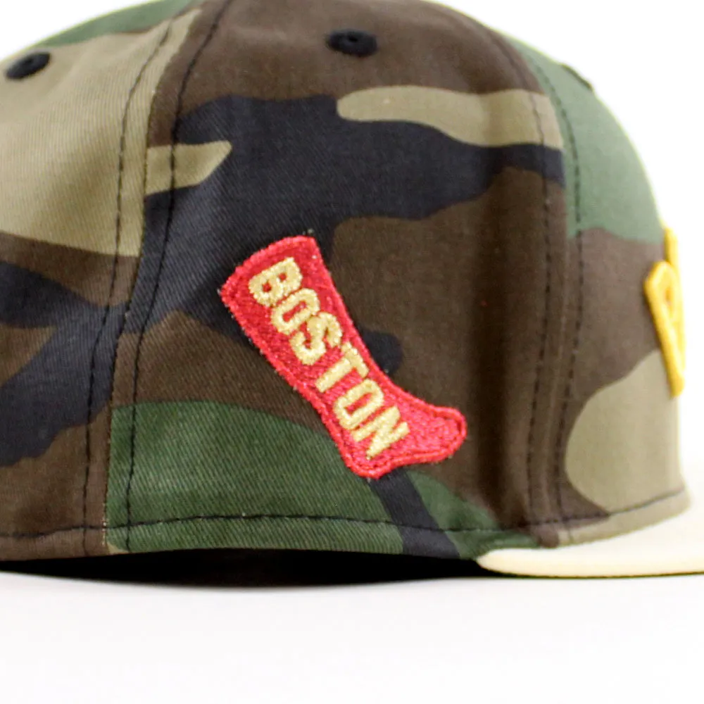 Boston Red Sox Red Sock Patch New Era 59Fifty Fitted Hat (Woodland Camo Chrome White Green Under Brim)