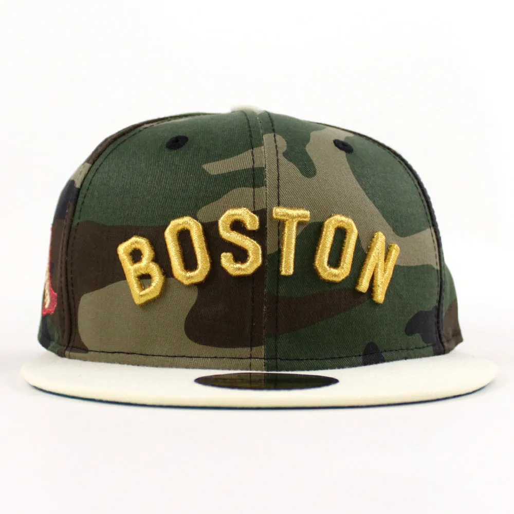 Boston Red Sox Red Sock Patch New Era 59Fifty Fitted Hat (Woodland Camo Chrome White Green Under Brim)