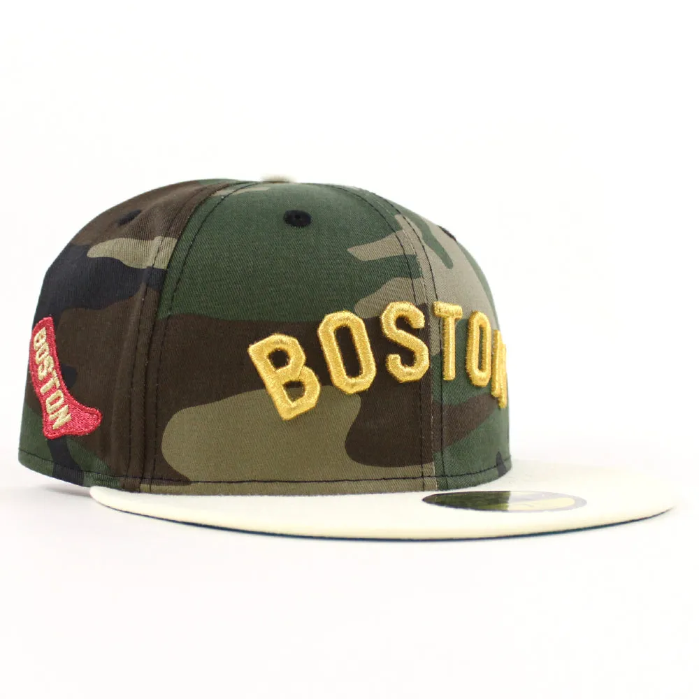 Boston Red Sox Red Sock Patch New Era 59Fifty Fitted Hat (Woodland Camo Chrome White Green Under Brim)