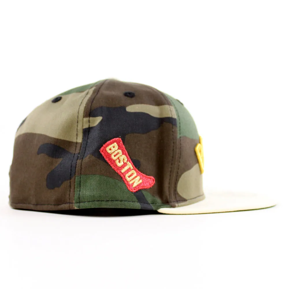 Boston Red Sox Red Sock Patch New Era 59Fifty Fitted Hat (Woodland Camo Chrome White Green Under Brim)