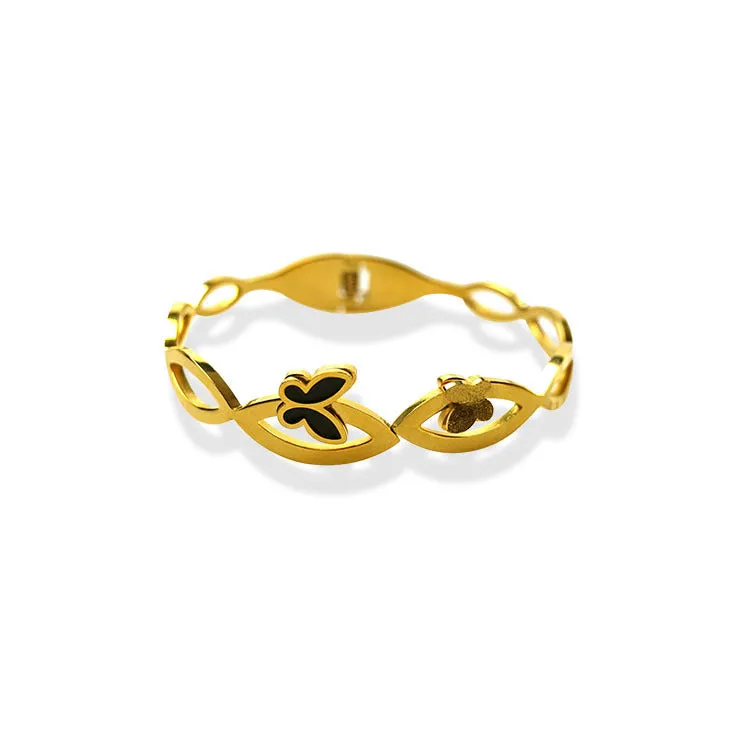 Butterfly Hollow Carved Design Stainless Steel Gold Plated Zircon Bangle Bracelet for Women