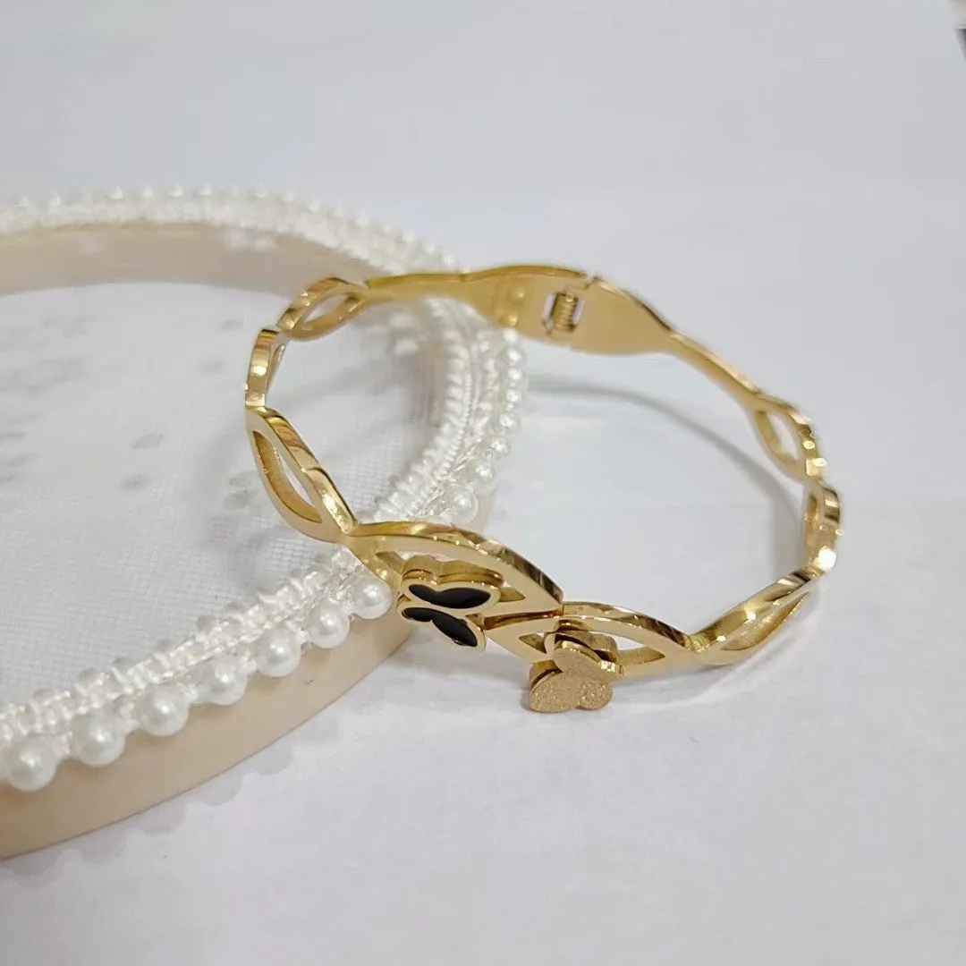 Butterfly Hollow Carved Design Stainless Steel Gold Plated Zircon Bangle Bracelet for Women