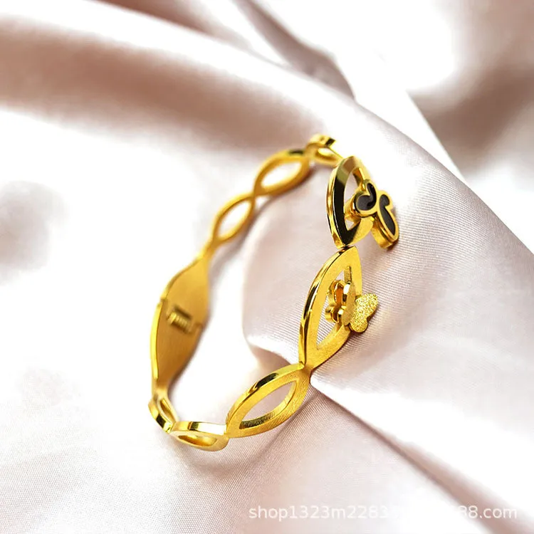 Butterfly Hollow Carved Design Stainless Steel Gold Plated Zircon Bangle Bracelet for Women