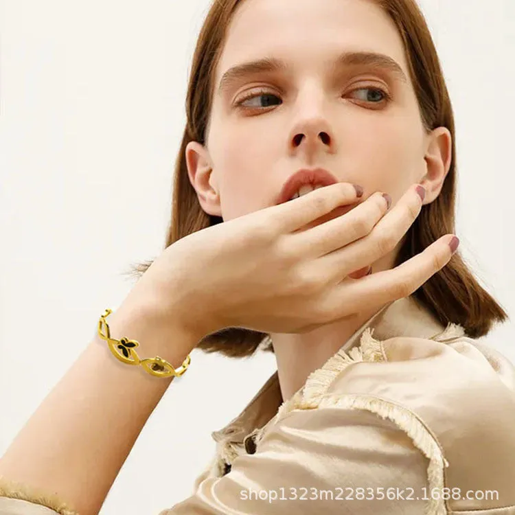 Butterfly Hollow Carved Design Stainless Steel Gold Plated Zircon Bangle Bracelet for Women