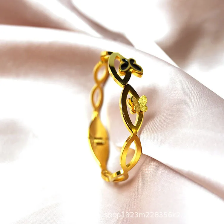 Butterfly Hollow Carved Design Stainless Steel Gold Plated Zircon Bangle Bracelet for Women