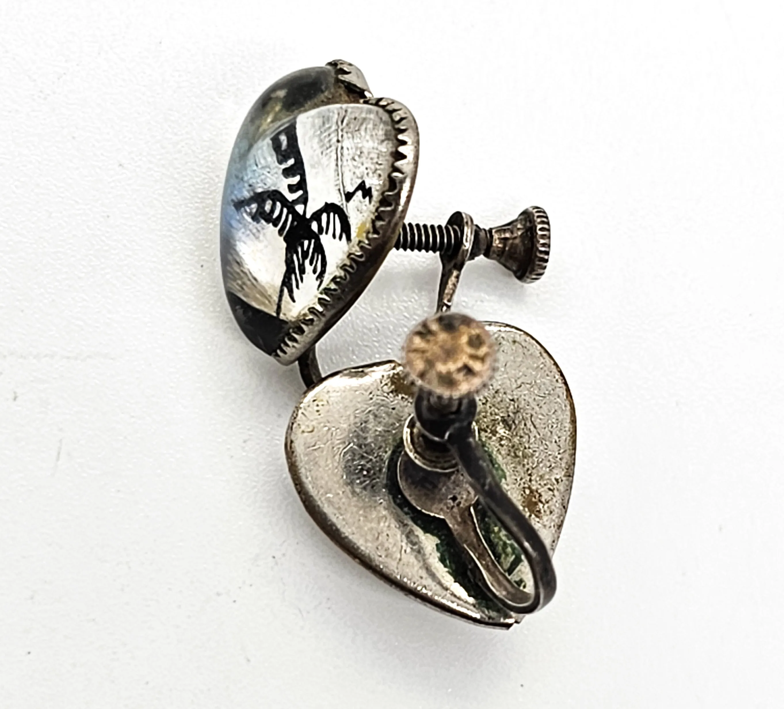 Butterfly wing palm tree beach vintage sterling silver screw back heart earrings
